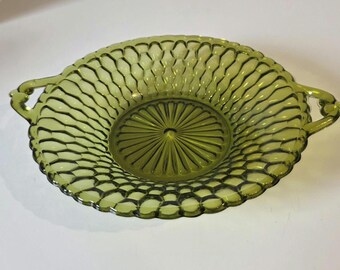 Vintage Amber Glass Serving Bowl with Handles – Pressed Pattern – Retro Green/Olive Glass Dish