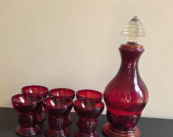 Vintage New Martinsville Ruby Red Moondrops Decanter Set