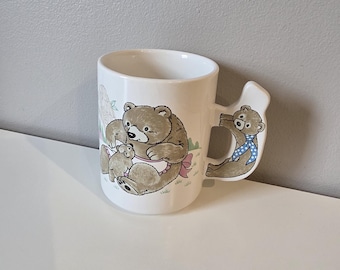 Vintage Teddy Bear Mug with Figural Handle – Cute Bear & Bunny Coffee Cup – Nursery Decor – Collectible Animal Mug – Gift for Mom or Child
