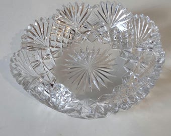 Vintage Starburst Cut Glass Bowl, Scalloped Rim Candy Dish