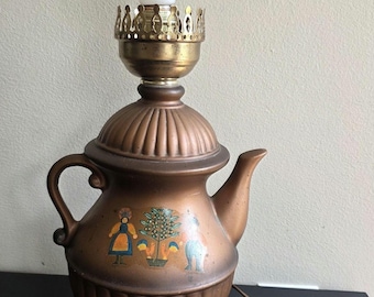 Vintage Folk Art Teapot Table Lamp, Brown Ceramic Pottery Lamp, Country Kitchen Decor