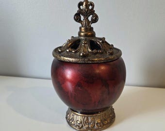 Vintage Tuscany Style Red Lidded Jar with Ornate Gold Tone Lid & Base – Decorative Trinket Pot