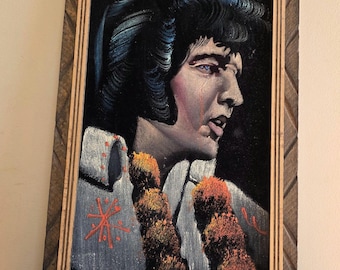 Vintage Velvet Elvis Painting 1970s | Mexican Black Velvet Crying Elvis Portrait in Original Wood Frame | Retro Kitsch Mid Century