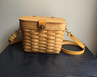 Vintage Longaberger Purse Strap Basket with Wood Lid Leather Shoulder Strap Blue Liner Complete Set