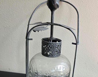 Vintage Style Bird Lantern Candle Holder Embossed Glass Metal Rustic Cottage Decor