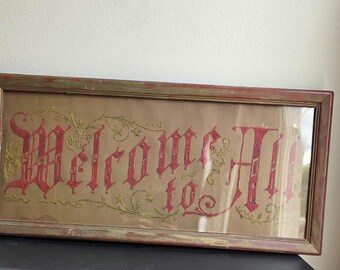 Antique Victorian Punched Paper Motto Sampler Welcome Home Frame 19th Century Folk Art