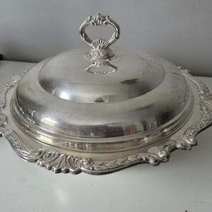 May include: A silver-colored, covered serving dish with ornate detailing. The dish has a rounded lid with a decorative handle and a scalloped edge. The base of the dish also features intricate, raised patterns.