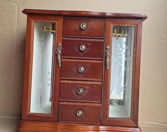 Vintage Wooden Jewelry Box Armoire – Glass Doors, Heart Drawer Design, Necklace Storage