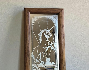 Vintage Framed Etched Glass Unicorn Art Frosted Glass Fantasy Wall Decor Wood Frame