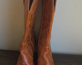 Vintage Miss Capezio Brown Leather Western Knee High Boots Embroidered Pull On Women’s 6M
