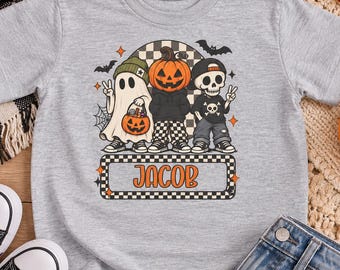 Personalized Boys Halloween Shirt, Ghost Pumpkin Skeleton Tee