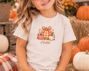 Personalized Toddler Fall Shirt, Custom Name Pumpkin Patch Tee, Gingham Bow