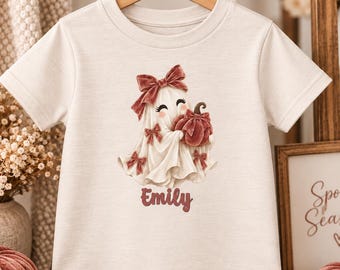 Personalized Toddler Ghost Shirt, Velvet Bow Pumpkin Tee, Custom Name Fall Outfit