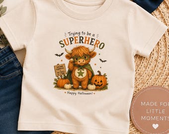 Halloween Highland Cow Shirt, Toddler & Infant Tee, Superhero Pumpkin Shirt, Kids Fall Shirt