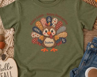 Personalized Quilted Turkey Thanksgiving Shirt, Custom Name Patch Tee (Infant/Toddler)