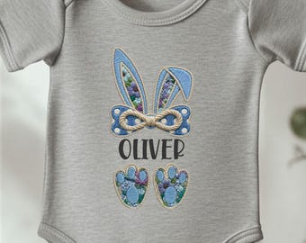 Spersonalizowane body niemowlęce z wielkanocnym króliczkiem, wielkanocny kombinezon z niestandardowym imieniem, wiosenny prezent dla dziecka, koszulka z kokardką z uszami króliczka, prezent wielkanocny