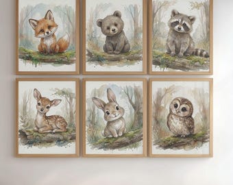 Zestaw dekoracji ściennych do pokoju dziecięcego „Leśny świat”, nadruki z małymi zwierzątkami, lis, niedźwiedź, królik, szop, dekoracje akwarelowe do pokoju dziecięcego, zwierzęta leśne, wydruki artystyczne do pokoju dziecięcego