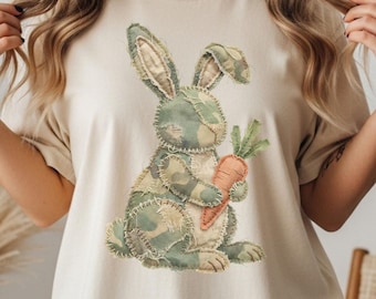 Koszulka z wielkanocnym króliczkiem, koszulka z imitacją naszywki, koszulka z grafiką z króliczkiem z pikowanej tkaniny, prezent wielkanocny Cottagecore