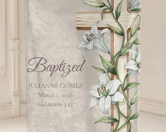 Personalized Baptism Blanket, Lily Cross Plush Throw, Custom Neutral Christening Gift, Unisex Religious Present