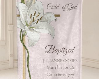 Personalized Baby Baptism Blanket for Girl, Flower Cross Throw, Blush Pink Velveteen, Religious Gift