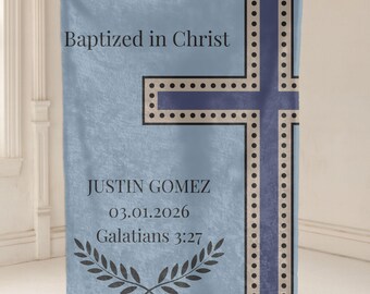 Personalized Boy Baptism Blanket, Rustic Cross Olive Wreath Christening Throw, Religious Gift