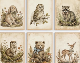 Zestaw dekoracji ściennych do pokoju dziecięcego „Leśny świat”, neutralne dekoracje do pokoju dziecięcego z motywem leśnych zwierząt, nadruki z leśnymi zwierzętami, dekoracja ścienna do pokoju dziecięcego w stylu vintage