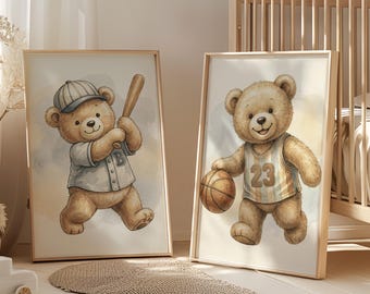 Zestaw dekoracji ściennych do pokoju dziecięcego z misiem sportowym, wydruki z misiem baseballowym i koszykarskim, neutralna dekoracja pokoju dziecięcego w stylu vintage, 8x10, 16x20, 24x30