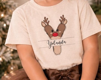 Personalized Reindeer Christmas Shirt for Kids, Name Tee, Holiday Outfit