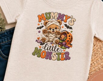 Mummy's Little Monster Toddler Halloween Shirt, Retro Candy Bear Tee