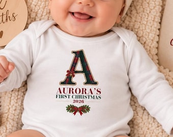 Personalized Baby First Christmas Bodysuit, Plaid Initial & Name