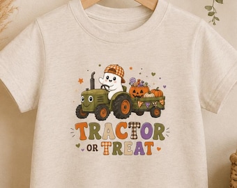 Tractor or Treat Halloween Shirt, Pumpkin Tractor Tee for Kids