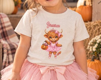 Personalized Girls Halloween Shirt, Highland Cow Toddler Tee, Custom Name Halloween Outfit, Cute Pumpkin Fall Shirt