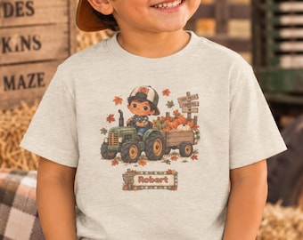 Personalized Pumpkin Tractor Toddler Shirt, Fall Farm Kid Tee