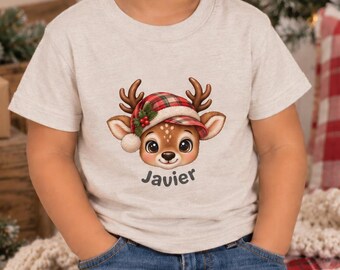Personalized Boy Reindeer Christmas Shirt, Toddler Custom Name Tee