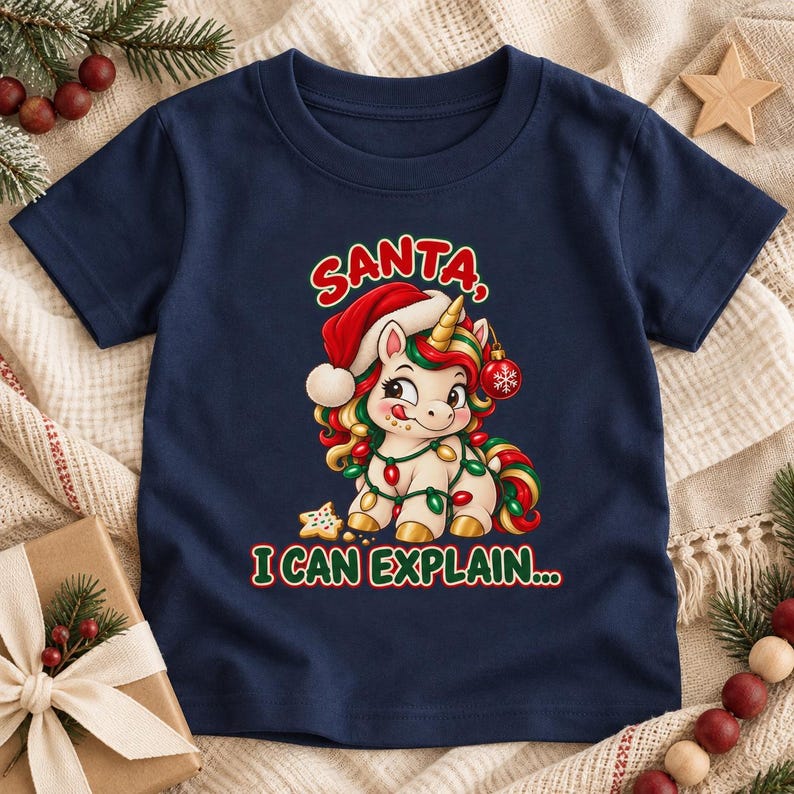 May include: A navy blue short-sleeve t-shirt featuring a graphic of a unicorn wearing a Santa hat and wrapped in Christmas lights. The unicorn has a gold horn and is holding a red ornament. The text reads SANTA, I CAN EXPLAIN...