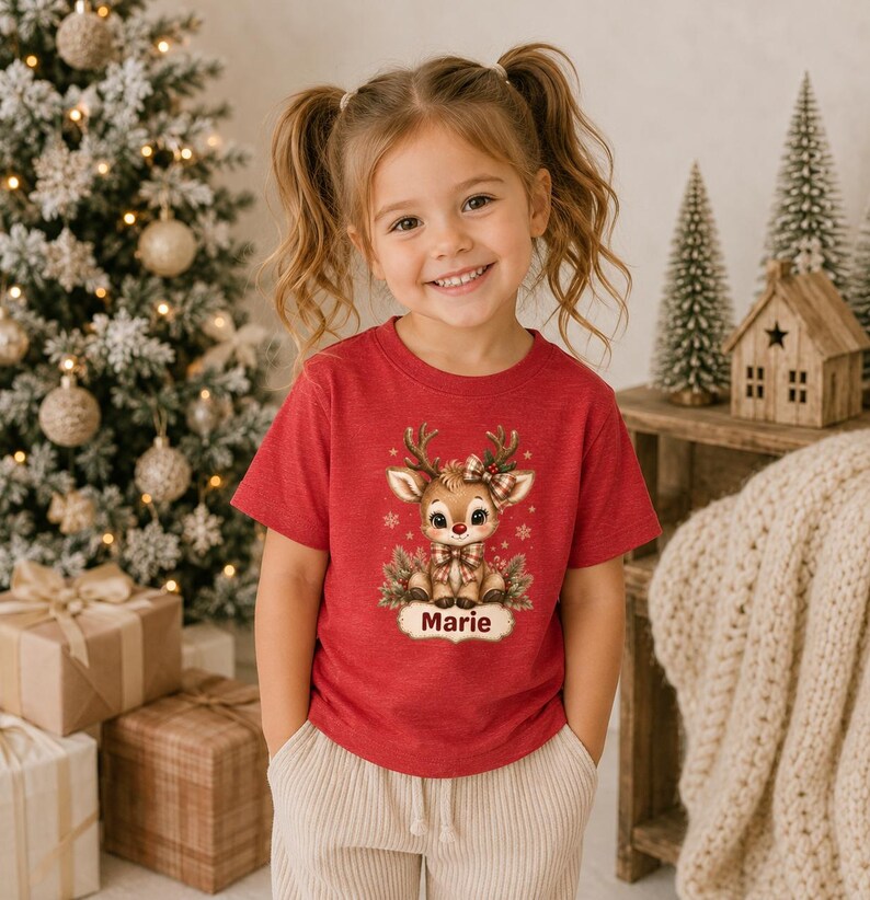 May include: A red short-sleeved t-shirt featuring a graphic of a cartoon reindeer with a plaid bow and scarf. The reindeer is surrounded by small snowflakes and pine branches. Below the reindeer, the name Marie is printed in a dark red font.