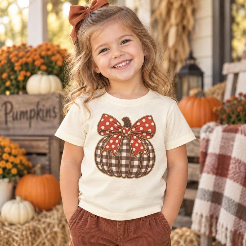 May include: A cream-colored short-sleeve t-shirt featuring a central graphic of a pumpkin with a brown and white gingham pattern, topped with a large red bow decorated with white polka dots. The shirt has a crew neckline and a straight hem.