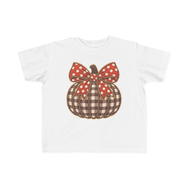 Girls Gingham Pumpkin Tee with Polka Dot Bow, Autumn Toddler Shirt image 6