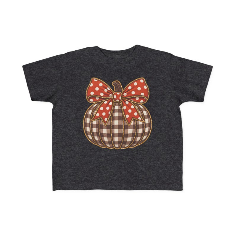 Girls Gingham Pumpkin Tee with Polka Dot Bow, Autumn Toddler Shirt image 9