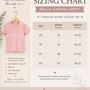 May include: A pink toddler short sleeve tee on a hanger with a sizing chart for Bella+Canvas 3001T. The chart lists sizes 2T through 5T with corresponding width and length measurements in inches. Text includes Adored Threads Co. and product details.