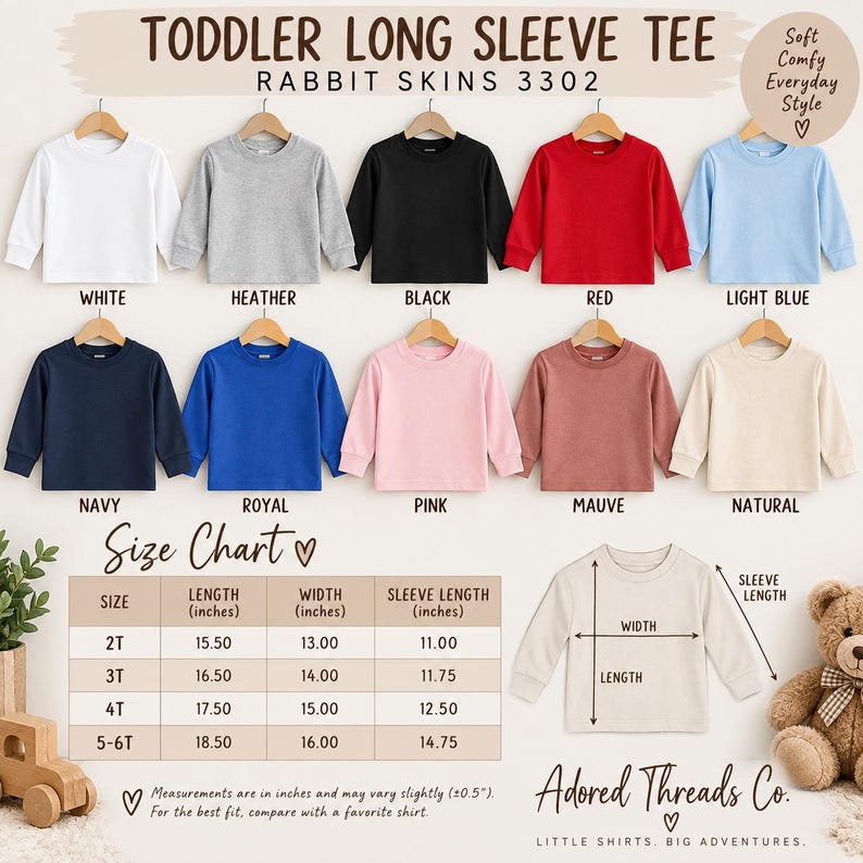 K&ouml;nnte beinhalten: Zehn lang&auml;rmelige Kleinkind-T-Shirts von Rabbit Skins 3302 in Wei&szlig;, Grau meliert, Schwarz, Rot, Hellblau, Marineblau, K&ouml;nigsblau, Rosa, Mauve und Natur. Enth&auml;lt eine Gr&ouml;&szlig;entabelle mit Ma&szlig;en in Zoll und eine Skizze eines T-Shirts.