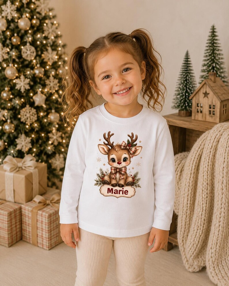 May include: A white long-sleeve shirt featuring a graphic of a cartoon reindeer with a plaid bow and the name Marie printed below. The reindeer is surrounded by small snowflakes and pine branches, centered on the front of the shirt.