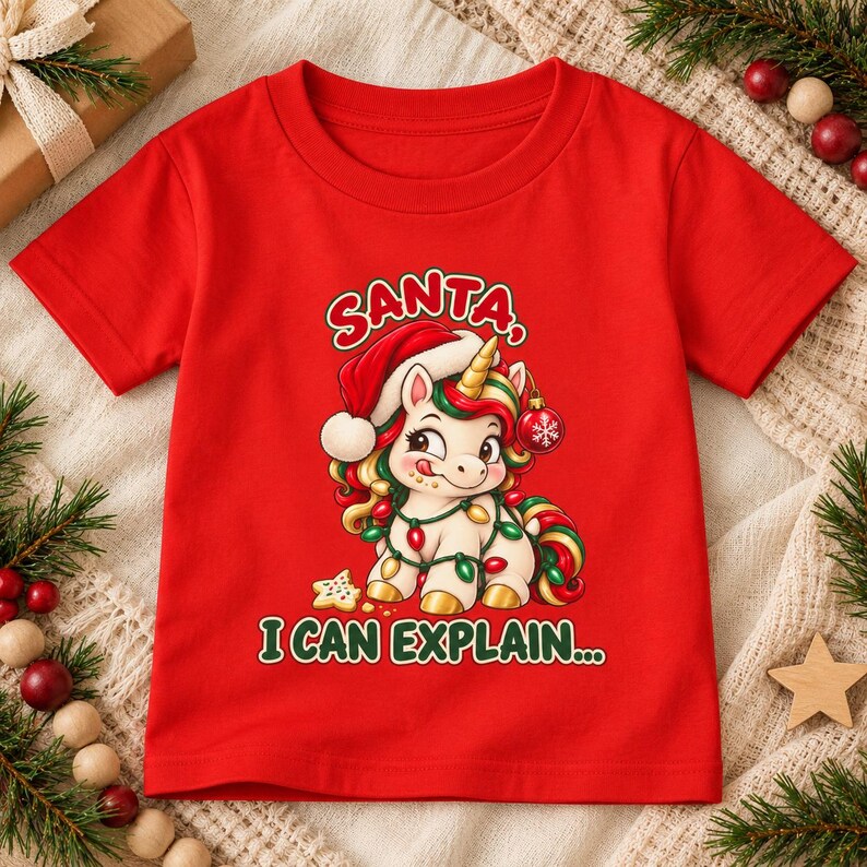 May include: A bright red short-sleeved t-shirt featuring a graphic of a cartoon unicorn wearing a Santa hat and tangled in Christmas lights. The text above reads SANTA, and the text below reads I CAN EXPLAIN... with a small cookie graphic.