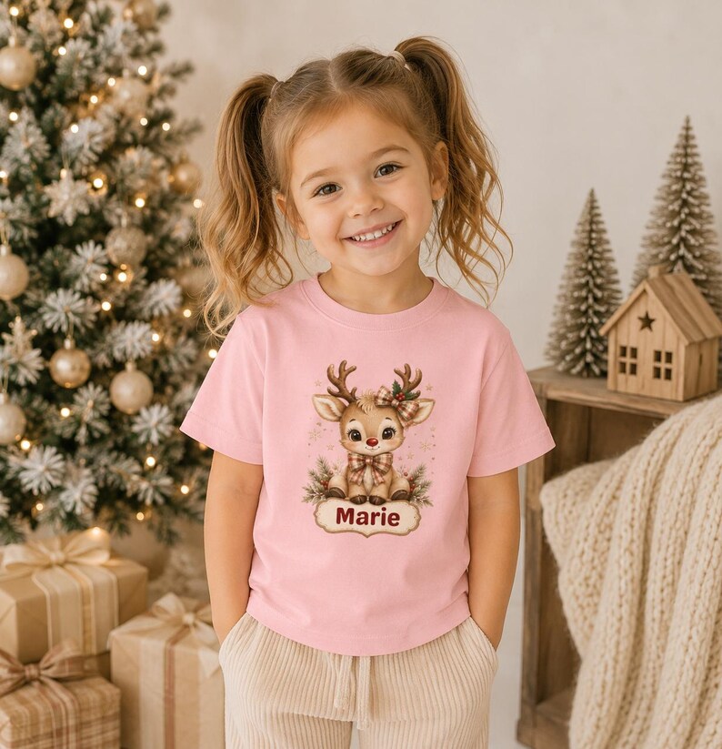 May include: A light pink short-sleeved t-shirt featuring a graphic of a cartoon reindeer with a plaid bow and scarf. Below the reindeer, a decorative label contains the name Marie in dark red text, surrounded by small star accents.