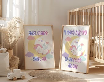 Grafika ścienna do pokoju dziecięcego z jednorożcem, Zawsze będę Cię kochać do księżyca, Wydrukowana dekoracja dla dziewczynki, Wydruk „Słodkie sny”