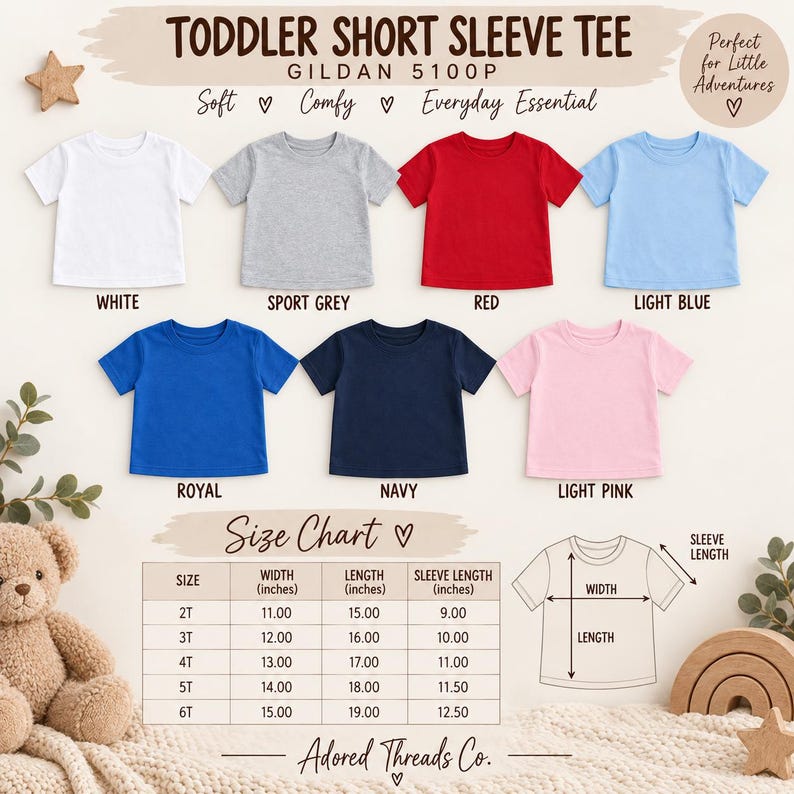 May include: A collection of seven toddler short sleeve t-shirts in white, sport grey, red, light blue, royal blue, navy, and light pink. Includes a size chart with measurements in inches for sizes 2T through 6T and a diagram showing width, length, and sleeve length.
