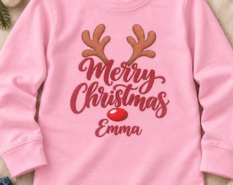 Maglietta natalizia personalizzata con renne, maglietta a maniche lunghe per bambini, completo natalizio personalizzato con nome per bambini