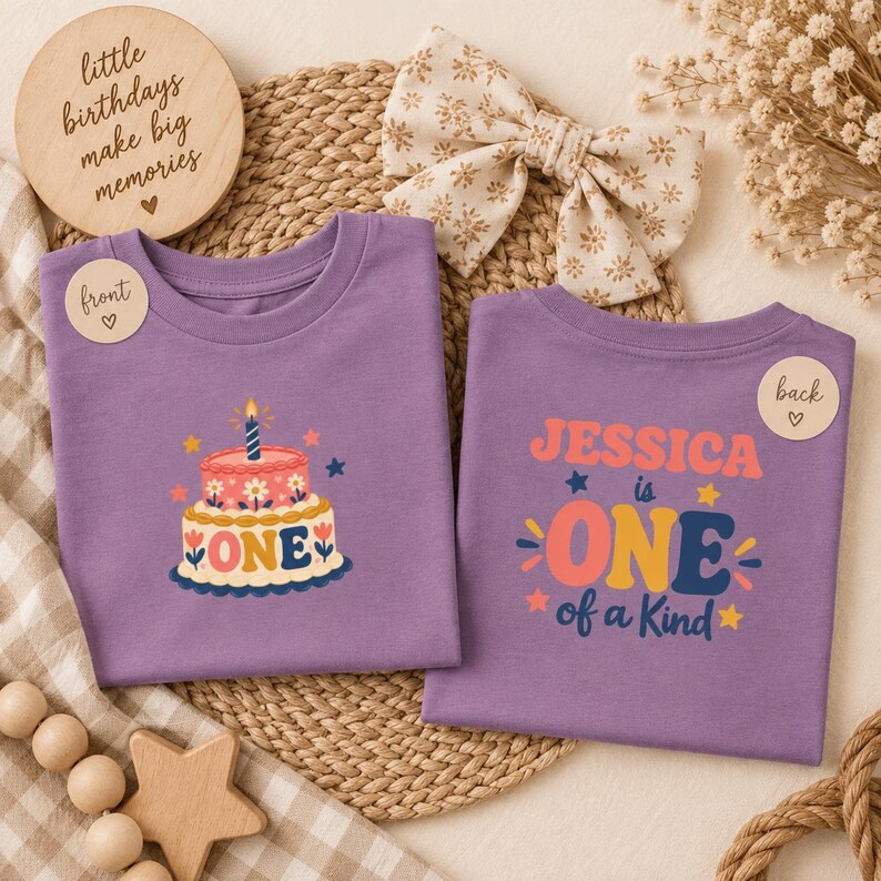 May include: Two purple t-shirts featuring birthday graphics. The front shirt displays a two-tier cake with a candle and the word ONE. The back shirt features the text JESSICA is ONE of a Kind with stars and decorative elements in pink, yellow, and blue.