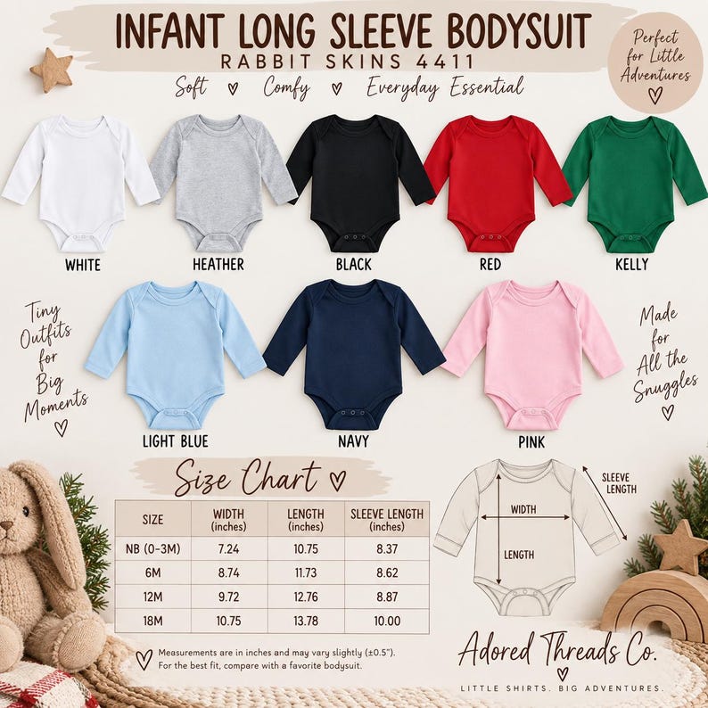 May include: A collection of infant long sleeve bodysuits in white, heather, black, red, kelly green, light blue, navy, and pink. Includes a size chart with measurements in inches for sizes NB, 6M, 12M, and 18M, and a diagram showing width, length, and sleeve length.