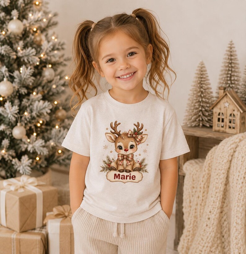 May include: A cream-colored short-sleeve t-shirt featuring a graphic of a cartoon reindeer with a plaid bow, surrounded by small snowflakes and pine branches, with the name Marie printed in dark red letters on a decorative banner below.